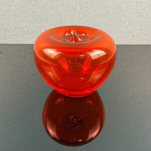 Vintage Blenko Ruby Red Hand Blown Art Glass Apple Paperweight Clear Stem MCM